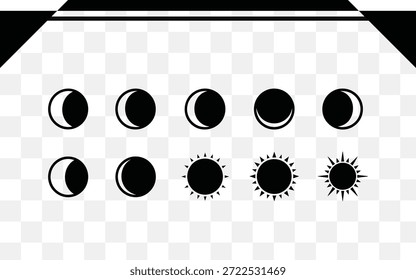 Fases del sol y de la luna aisladas sobre fondo transparente