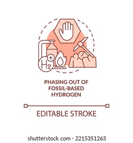 Eliminación gradual del icono del concepto de rojo hidrógeno basado en fósiles. Ilustración de línea delgada de la estrategia de energía limpia abstracta de la idea. Dibujo de contorno aislado. Trazo editable. Fuentes Roboto-Medium, Myriad Pro-Bold utilizadas