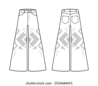 Phat Pants Denim Jeans technical fashion illustration with full length wide legged  pants with low waist rise, 5 pockets with Rivets, and belt loops. Flat template front back white color style. Women, unisex CAD mockup