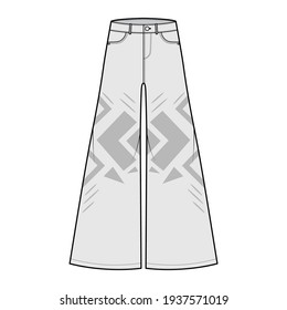 Phat Pants Denim Jeans technical fashion illustration with full length, low waist, rise, 5 pockets, Rivets, wide legs, belt loops. Flat bottom template front grey color style. Women, unisex CAD mockup