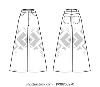Phat Pants Denim Jeans technical fashion illustration with full length, normal waist, high rise, 5 pockets, Rivets, wide legs. Flat template front back white, color style. Women men unisex CAD mockup