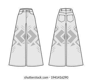 Phat Pants Denim Jeans technical fashion illustration with full length, normal waist, high rise, 5 pockets, Rivets, wide legs. Flat bottom template front back, grey color style. Women men CAD mockup