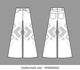 Phat Pants Denim Jeans technical fashion illustration with full length, low waist, rise, 5 pockets, Rivets, wide legs, belt loops. Flat template front back white color style. Women, unisex CAD mockup