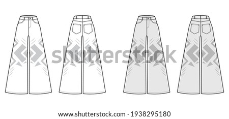 Phat Pants Denim Jeans technical fashion illustration with full length, normal waist, rise, 5 pockets, wide legs. Flat bottom template front back white, grey color style. Women men unisex CAD mockup