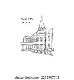 Phaya Thai Palace Bangkok Thailand, freehand drawn style, black outline on white background