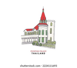 Phayathai Palace Bangkok Thailand, freehand drawn style, white background