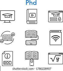 phd icon set. included feedback, audiobook, e-book, homework, maths, doc, student-desktop, login icons. linear styles.