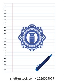 Phd thesis icon drawn with pen. Blue ink. Vector Illustration. Detailed.