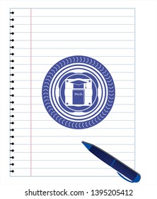 Phd thesis icon emblem drawn with pen. Blue ink. Vector Illustration. Detailed.