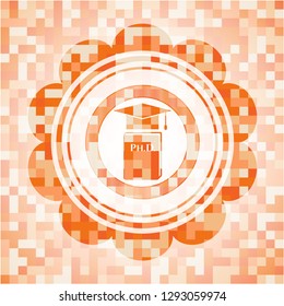 Phd thesis icon inside abstract orange mosaic emblem