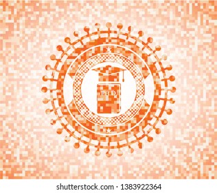 Phd thesis icon inside abstract emblem, orange mosaic background