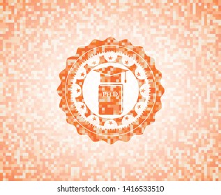 Phd thesis icon inside abstract emblem, orange mosaic background