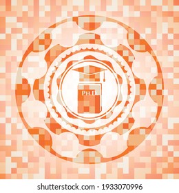 Icono de tesis doctoral dentro del emblema abstracto de mosaico naranja. 