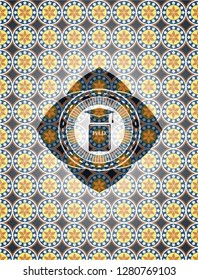 Phd thesis icon inside arabesque badge background. arabic decoration.