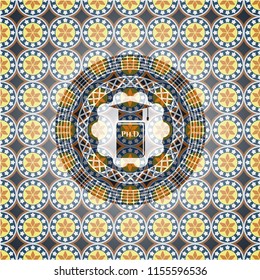Phd thesis icon inside arabic badge background. Arabesque decoration.