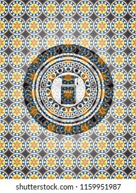 Phd thesis icon inside arabic style badge. Arabesque decoration.