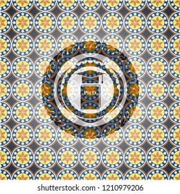 Phd thesis icon inside arabic emblem. Arabesque decoration.