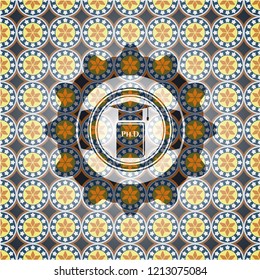 Phd thesis icon inside arabic emblem background. Arabesque decoration.