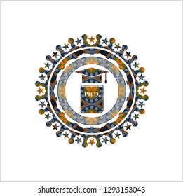 Phd thesis icon inside arabic emblem. Arabesque decoration.
