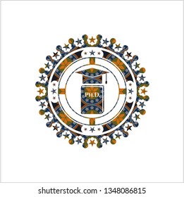 Phd thesis icon inside arabic style badge. Arabesque decoration.
