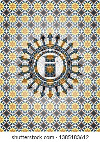 Phd thesis icon inside arabic style badge. Arabesque decoration.