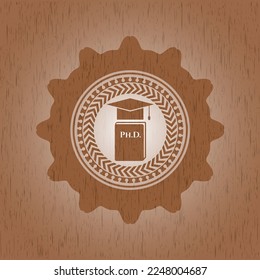 Icono de tesis de Phd dentro de la placa con fondo de madera. 