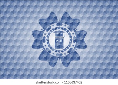 Phd thesis icon inside blue polygonal badge.