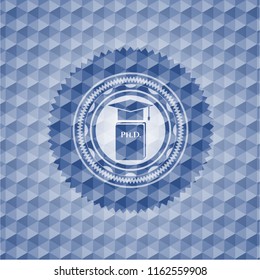 Phd thesis icon inside blue polygonal emblem.