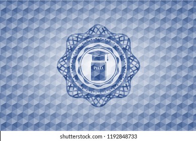 Phd thesis icon inside blue badge with geometric pattern.