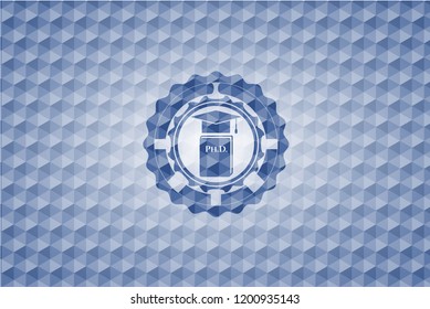 Phd thesis icon inside blue emblem with geometric pattern background.
