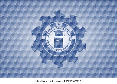Phd thesis icon inside blue badge with geometric background.