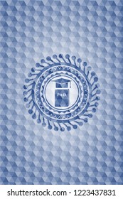 Phd thesis icon inside blue emblem or badge with abstract geometric pattern background.