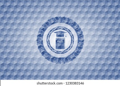 Phd thesis icon inside blue polygonal badge.