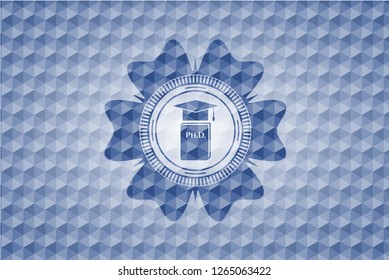Phd thesis icon inside blue polygonal emblem.