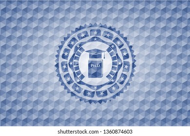 Phd thesis icon inside blue emblem or badge with geometric pattern background.