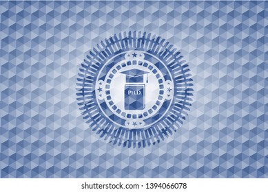 Phd thesis icon inside blue badge with geometric pattern.