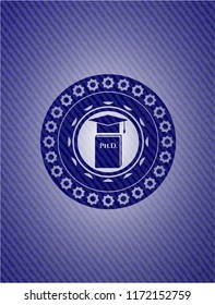 Phd thesis icon inside emblem with jean high quality background