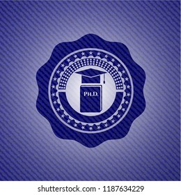 Phd thesis icon inside emblem with denim texture