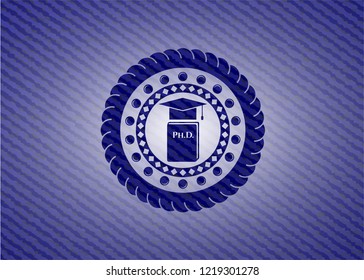 Phd thesis icon inside emblem with jean texture