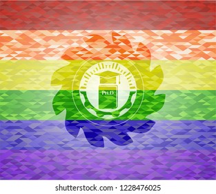 Phd thesis icon inside emblem on mosaic background with the colors of the LGBT flag