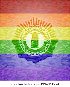 Phd thesis icon inside emblem on mosaic background with the colors of the LGBT flag