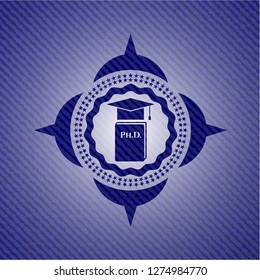 Phd thesis icon inside emblem with jean background