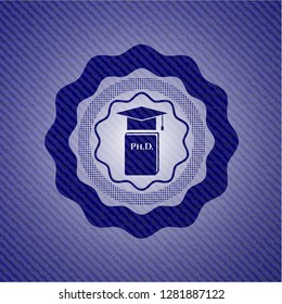 Phd thesis icon inside emblem with denim high quality background
