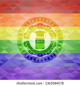 Phd thesis icon inside emblem on mosaic background with the colors of the LGBT flag