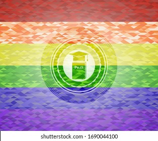 Phd thesis icon inside emblem on mosaic background with the colors of the LGBT flag