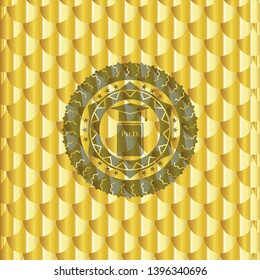 Phd thesis icon inside gold shiny badge. Scales pattern. Vector Illustration. Detailed.