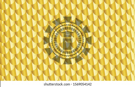 Phd thesis icon inside gold emblem or badge. Scales pattern. Vector Illustration. Detailed.