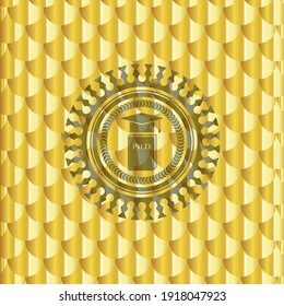 Phd thesis icon inside gold shiny emblem. Scales pattern. Vector Illustration. Detailed. 