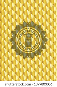 Phd thesis icon inside golden badge. Scales pattern. Vector Illustration. Detailed.