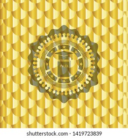 Phd thesis icon inside golden badge. Scales pattern. Vector Illustration. Detailed.